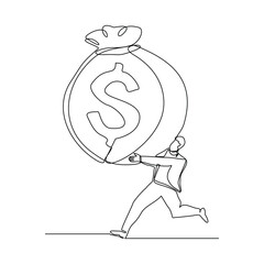 Wall Mural - Continuous single line sketch drawing art of business man with big money bag. Vector illustration one line of bank savings dollar money