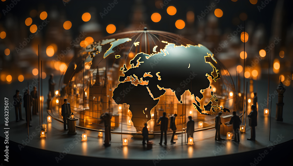 A miniature planet showcasing continents with tiny figures of people ...
