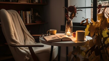 Wall Mural - Cozy reading place in the living room with autumn boho decor 