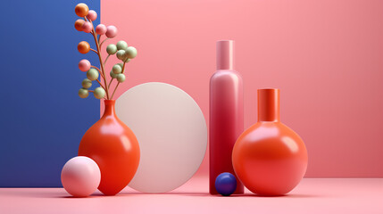 Wall Mural - Product mockup background. Abstract vase and bottle shapes of colored transparent glass shapes for product display mockup. Bright color mock up podium background for perfume or cosmetic products