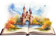 Open Book Fairy Tale Magical Castle Watercolor Design