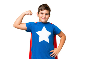 Wall Mural - Little caucasian kid over isolated chroma key background in superhero costume and doing strong gesture