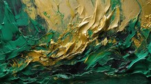 Abstract Oil Painting On Canvas, Green And Gold Acrylic Texture Background, Rough Brushstrokes Of Paint