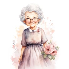 Watercolor Illustration Of Pretty Elderly Woman With Bouquet Of Pink Flowers