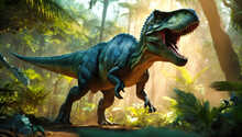 Tyrannosaurus Rex In The Jungle, Light Shines Through. Tyrannosaurus Rex Dinosaur In Green Prehistoric Jungle Forest On A Sunny Morning. Lush Rain Forest. Generative AI