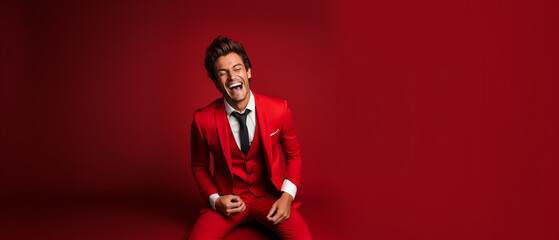 portrait of a happy smiling mixed race young man in  red business suit  on red solid background with copy space