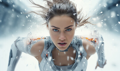 Strong athletic, beautiful woman sprinter or runner. Girl wearing futuristic sportswear runing outdoor. Fitness, sport motivation concept with copy space. Run in energy power.