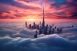 Aerial view of Dubai cityscape at sunset, United Arab Emirates, Dubai sunset view of downtown covered with clouds, AI Generated