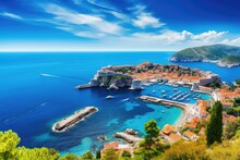 Panoramic Aerial View Of Dubrovnik Old Town In Croatia, Dubrovnik Landscape. / Aerial View At Famous European Travel Destination In Croatia, Dubrovnik Old Town, AI Generated