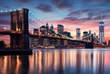 Fototapeta  - Brooklyn Bridge and Manhattan skyline at sunset, New York City, East River mit Blick auf Manhattan und die Brooklyn Bridge, New York, USA, AI Generated