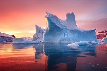 Sticker - Icebergs in Glacier Lagoon at sunset, Iceland, Europe, Early morning summer alpenglow lighting up icebergs during midnight season, AI Generated