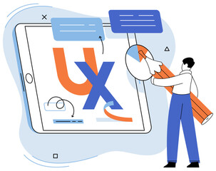 User experience design. Vector illustration. User interface, stage on which software interacts with its users UX UI design, keystone of any successful software journey User experience design, strategy