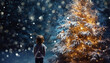 child making a wishes on snowy background near Christmas tree