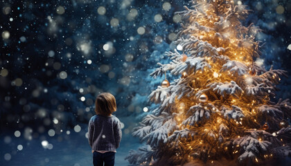 Wall Mural - child making a wishes on snowy background near Christmas tree