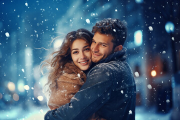 happy couple in snowy winter