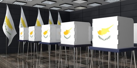 Canvas Print - Cyprus - voting booths and national flags in polling station - election concept - 3D illustration