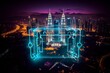 Glowing padlock hologram, nighttime aerial photo of Kuala Lumpur representing cyber security barriers defending KL enterprises. Generative AI