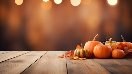 Wall Mural - Autumn background with pumpkins and leaves with bokeh on wooden floor, Thanksgiving background theme