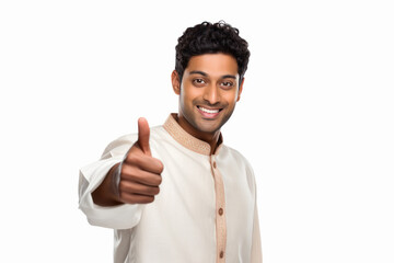 Wall Mural - Indian man showing thumps up on white background.