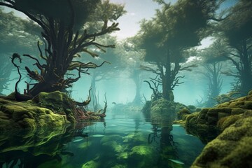 A surreal underwater scene with drowned trees and algae in clear water, depicting marine ecology. Generative AI