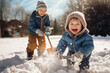 © RJ.RJ. Wave - happy smiling children clearing snow by shovel after snowfall , love winter
