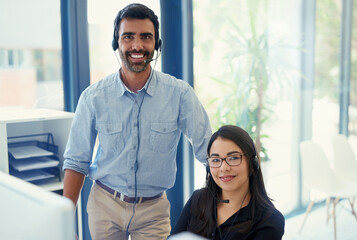 Poster - Portrait, manager and employee with telemarketing, customer service and help desk in a workplace. Business people, man and woman with call center, advice and crm with tech support, mentor or coaching