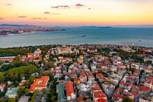 Aerial View Of Hagia Sophia, Blue Mosque And The Marmara Sea Entrance To The Bosphorus, Istanbul, Turkey.