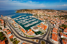 Aerial View Of Marina And Fortress In Seaside Town Of Cesme In Izmir, Turkey.