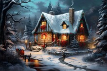 Winter Night Scene With A Cottage Decorated With Candy Canes And Lollipops, Illuminated By The Moon And Falling Snow. Generative AI