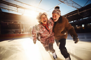 Wall Mural - happy smiling old couple in the ice rink