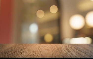 Sticker - Mock up for space. Empty dark wooden table in front of abstract blurred bokeh background of restaurant . can be used for display or montage your product