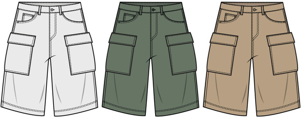 Canvas Print - cargo bermuda shorts flat sketch vector illustration technical cad drawing template