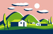 Geometric simple rural scene with houses and farms