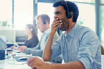 Aufkleber - Yawn, tired and telemarketing with man, call center and overworked with crm, help desk and office. Business, burnout or employee with headphones, agent and fatigue with consultant or customer service