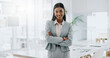 © Clement C/peopleimages.com - Business woman, portrait and smile with arms crossed in an office for confidence and career pride. Professional entrepreneur person from India at corporate company with positive attitude or happiness