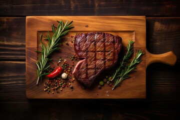 Wall Mural - Savory beefsteak delight with fresh rosemary. Mouthwatering bbq sirloin steak. Grilled to perfection. Juicy beef fillet. Wooden board presentation of delicious roast