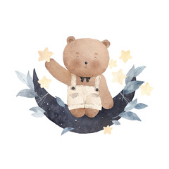 teddy bear sits on the moon among the stars. watercolor hand draw illustration. can be used for kid 