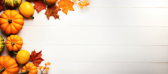 Canvas Print - Autumn background with pumpkins and leaves ornamental around frame on isolated white, Thanksgiving background theme