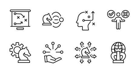 Fototapete - strategy action planning business leadership decision outline icon set marketing management option success solution vector problem solving path signs illustration for web and app design
