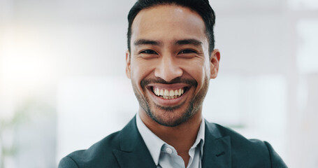 Canvas Print - Portrait of happy man, pride in office and confident project manager at engineering agency. Face of businessman, design business leader with smile and positive mindset for entrepreneur at startup.