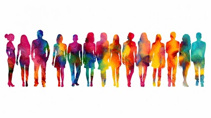 Wall Mural - Beautiful image of a group of people silhouettes standing, drawn in the style of colorful watercolors. Generative AI