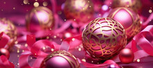 Christmas Tree Decorations And Ribbons With Bokeh, Pink Bauble Decorated With A Unique Golden Layer - In A Banner Size. Concept Of Preparing For Traditions And Celebrations In The Winter Season.