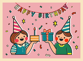 Wall Mural - Happy birthday card with cartoon boy and girl holding a gift and cake illustration on pink background. Sticker style greeting card in retro style. Cute postcard for child or design for your brand.