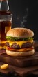A delicious triple meat burger with  cheese, accompanied with a glass of whiskey 