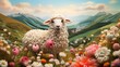 Super duper cute sheep toy in a spring  season flower meadow on a green grass hill, made from fluffy and cuddly wool felt, wholesome pastoral cartoon cuteness.