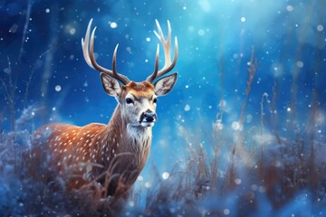 Red deer stag in winter forest. Noble deer male. Banner with beautiful animal in the nature habitat. Wildlife scene from the wild nature landscape. Wallpaper, Christmas background