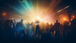 abstract background disco nightclub mirror disco ball with rays of light, silhouette of a crowd of people in the spotlight, and a musical performance, fictional