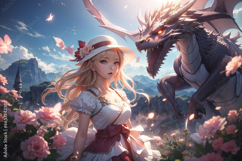 An illustration of a blonde woman with a dragon in an anime style ...