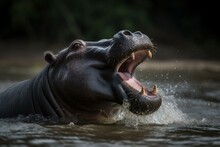 Dominant Angry Hippo With Open Mouth In Lake Mburo, Uganda, Africa. Generative AI