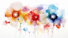  A Group Of Colorful Flowers With Watercolor Drops On Them.  Generative Ai